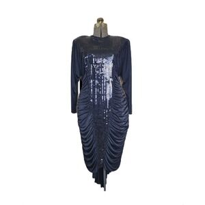 Vintage 1970s 80s Ruched Evening Dress size 14 Black Sequin Susan‎ Vijack
